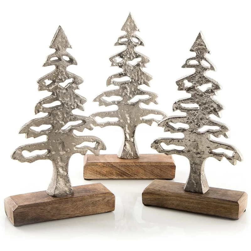 3 Weihnachtsbäume aus Metall + Holz in Metallic silber - 25 cm