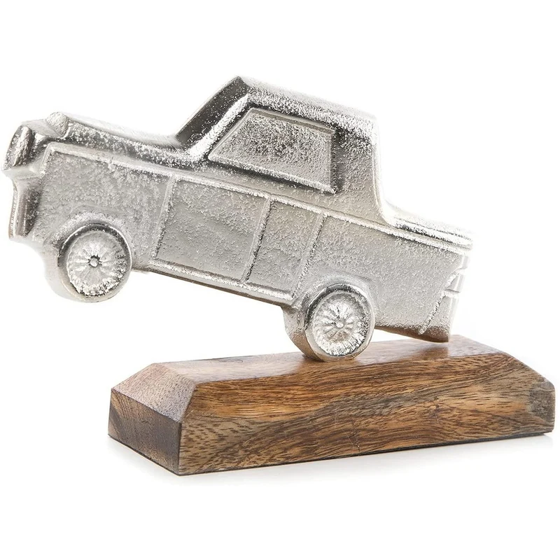 Auto Figur aus Metall auf Holzsockel - zum Hinstellen Silber braun 17 cm