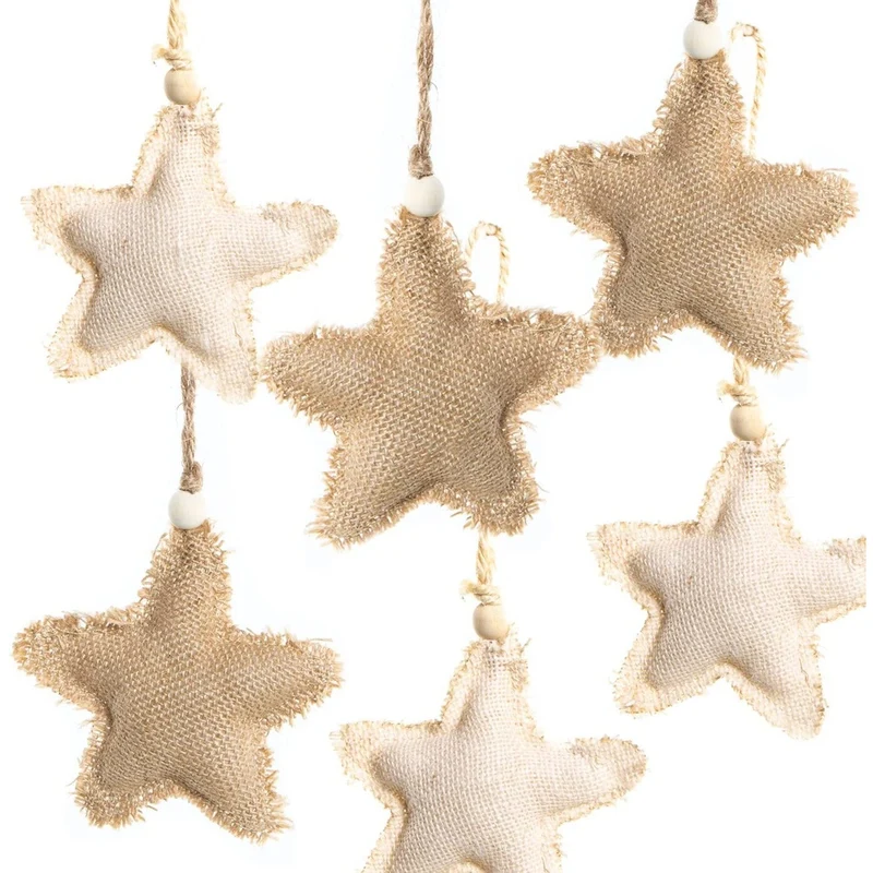 6 Weihnachtsanhänger Sterne aus Jute - natur braun
