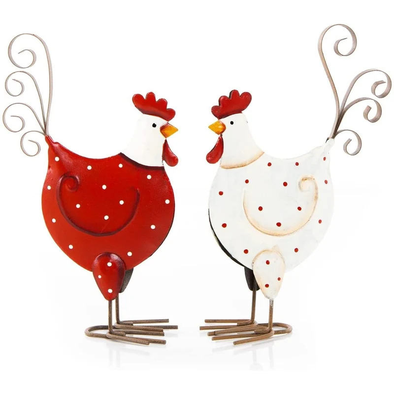 2 Hühner Figuren aus Metall rot weiß Hahn und Henne - 16 cm