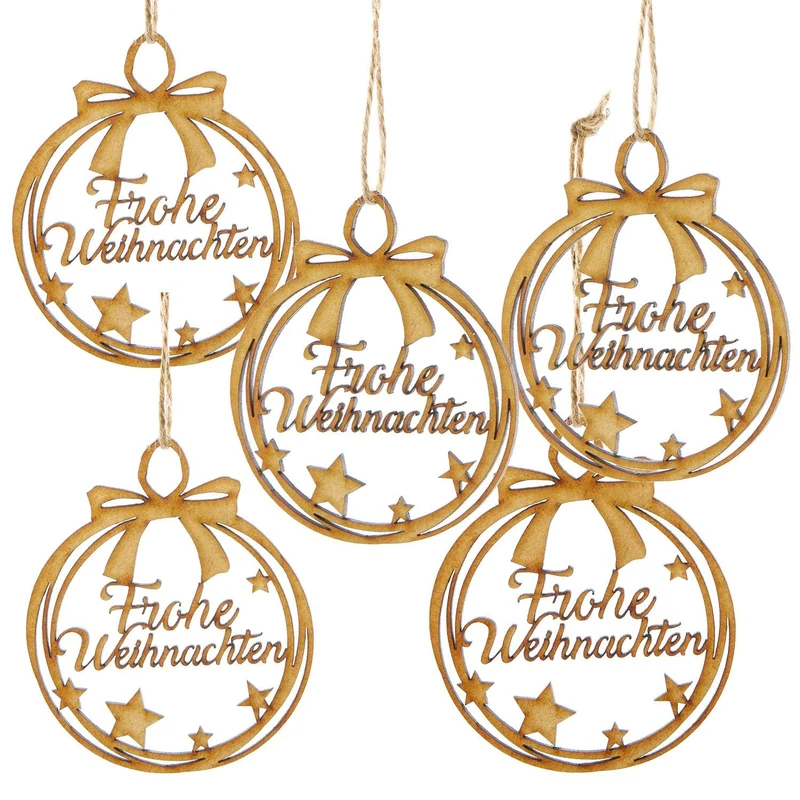 5 Weihnachtsanhänger aus Holz mit Text Frohe Weihnachten 9 cm
