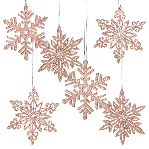 6 rosa glitzernde Eiskristalle zum Aufhängen aus Holz - 9 cm