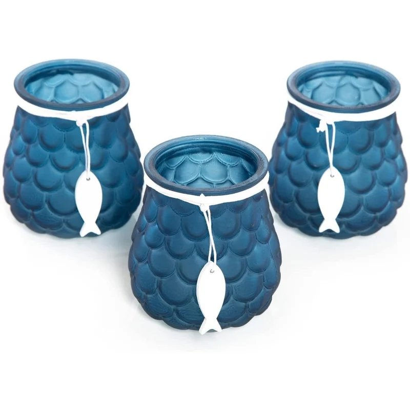 3 Teelichtgläser mit Fisch Dekoration blau weiß - 11 cm