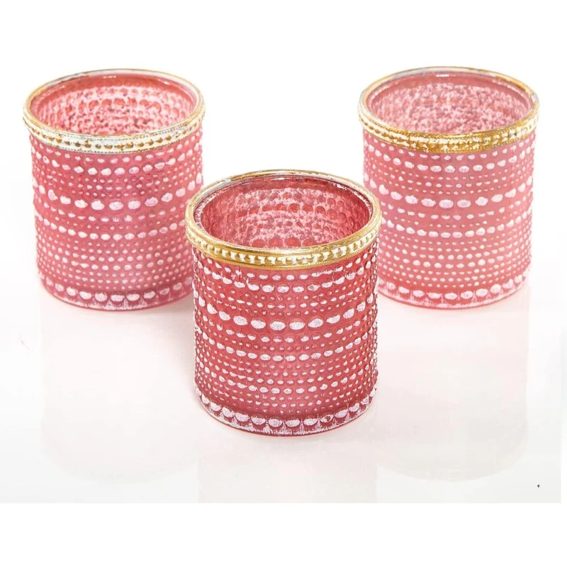 3 Teelichtgläser rosa pink mit goldenem Metallrand & weißen Punkten