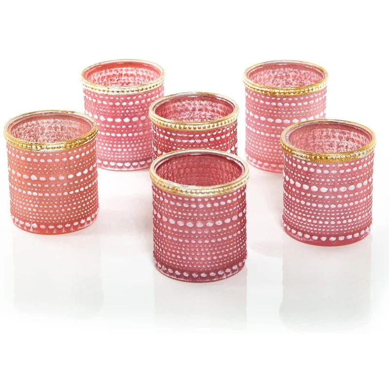 Logbuch-Verlag 6 Teelichtgläser rosa pink mit goldenem Metallrand & weißen Punkten - Teelichthalter aus Glas 8 cm - Deko Geschenkidee