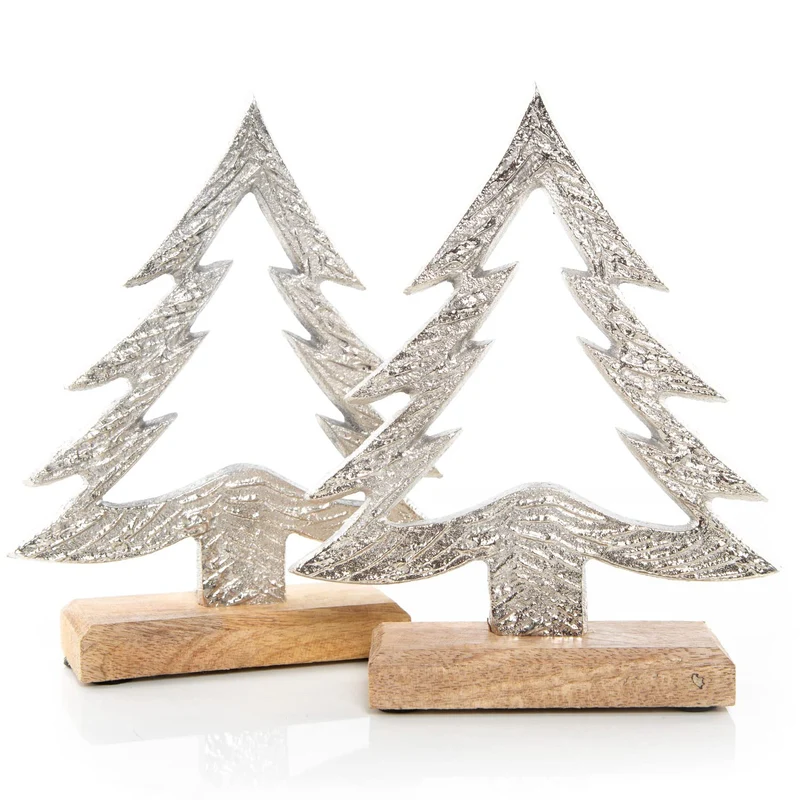 Logbuch-Verlag 2 Dekobäume aus Holz & Metall 20 cm Silber braun - Tannenbaum als Weihnachtsdeko - Baum Figuren zum Hinstellen