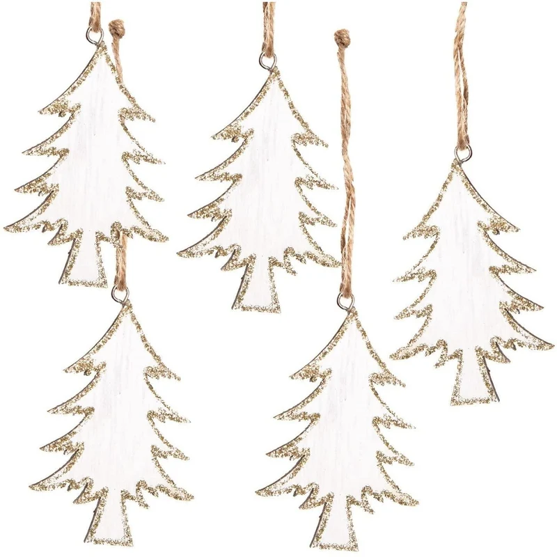 Logbuch-Verlag 5 Weihnachtsanhänger Tannenbaum Holz weiß Gold Glitzer Geschenkanhänger 8 cm Christbaumschmuck Weihnachtsdeko Baum Fenster Tür Weihnachten