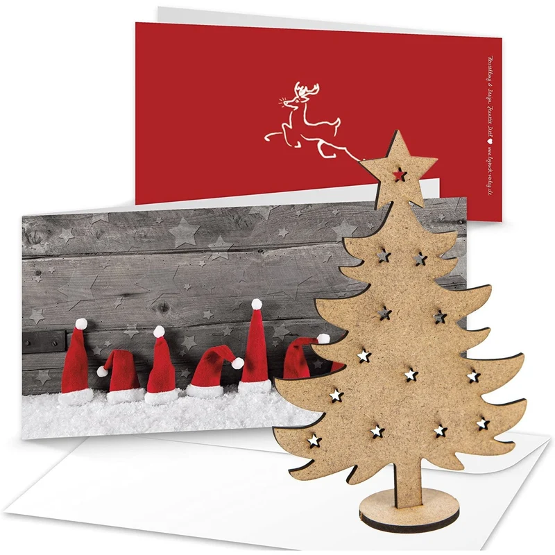 Logbuch-Verlag 3 Weihnachtskarten DIN lang 10,5 x 21 cm rot weiß grau + Umschläge + Mini Weihnachtsbaum aus Holz - Karte mit Geschenk