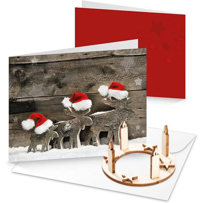 Logbuch-Verlag 3 Weihnachtskarten rot braun mit Rentieren - innen leer z. Beschriften & Bedrucken - mit Kuverts & Adventskranz Miniatur aus Holz