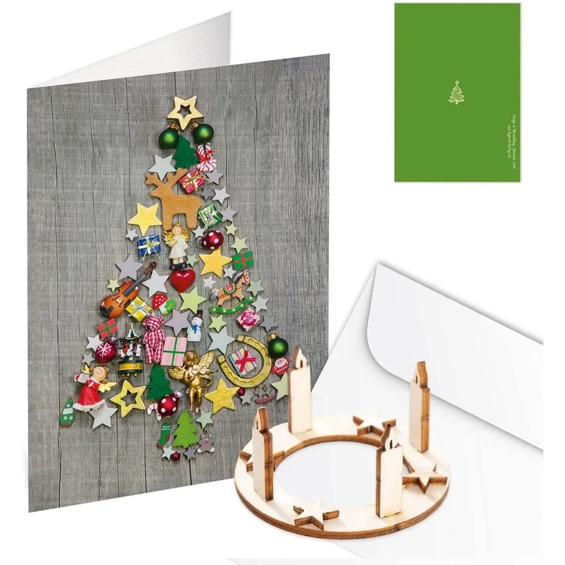 Logbuch-Verlag 3 weihnachtliche Grußkarten mit Kuverts + Adventskranz Miniatur aus Holz - Weihnachtskarten mit kleinem Geschenk