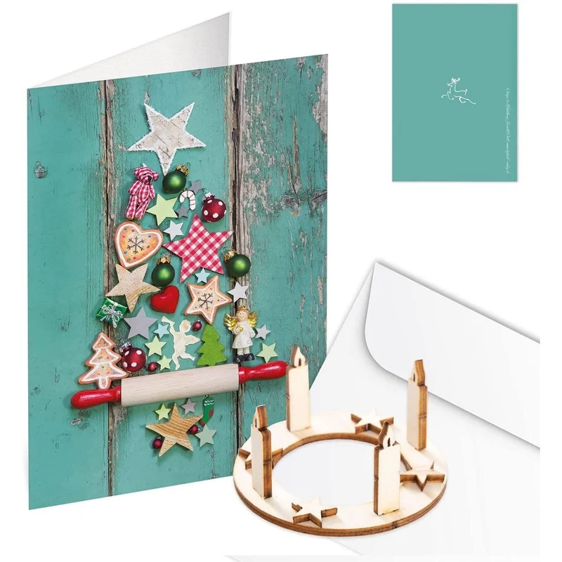 Logbuch-Verlag 3 Weihnachtskarten türkis bunt mit Mini Adventskranz aus Holz + Umschläge - Doppelkarte Weihnachten mit Mini-Geschenk