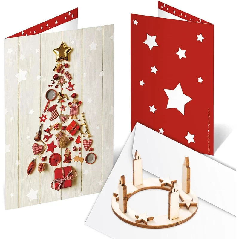 Logbuch-Verlag 3 Weihnachtskarten mit Baum-Motiv rot weiß DIN A6 + Kuverts + Miniatur Adventskranz aus Holz - Geschenkidee Weihnachten