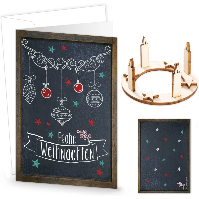 Logbuch-Verlag 10 Weihnachtsgrußkarten mit Mini-Weihnachtsgeschenk aus Holz + Umschläge - Weihnachtskarte Doppelkarte mit Adventskranz Miniatur