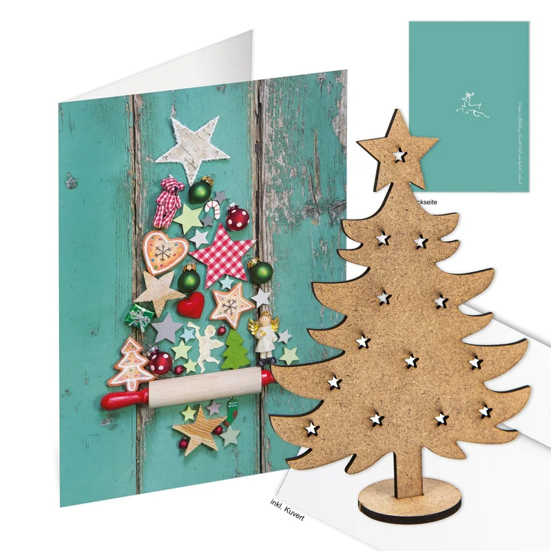 Logbuch-Verlag 10 Karten mit Umschlag DIN A6 türkis blau Weihnachtsbaum-Motiv - Klappkarte Doppelkarte mit Baum aus Holz zum Stecken