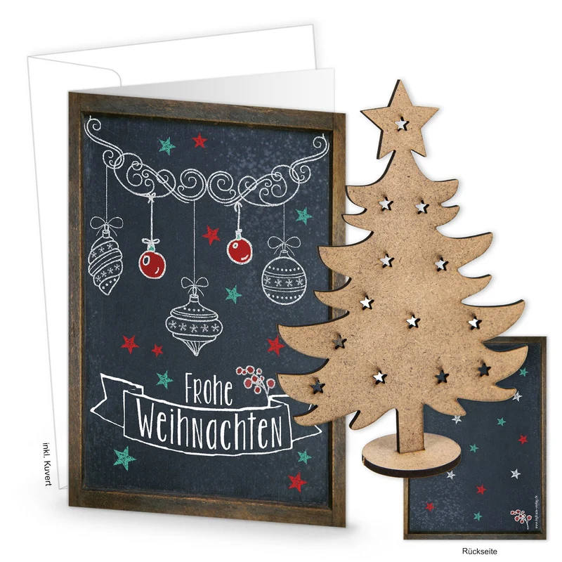 Logbuch-Verlag 3 leere Weihnachtskarten zum Bedrucken & Beschriften DIN A6 + Kuverts + Holzbaum zum Stecken - Weihnachtspost zum Verschicken