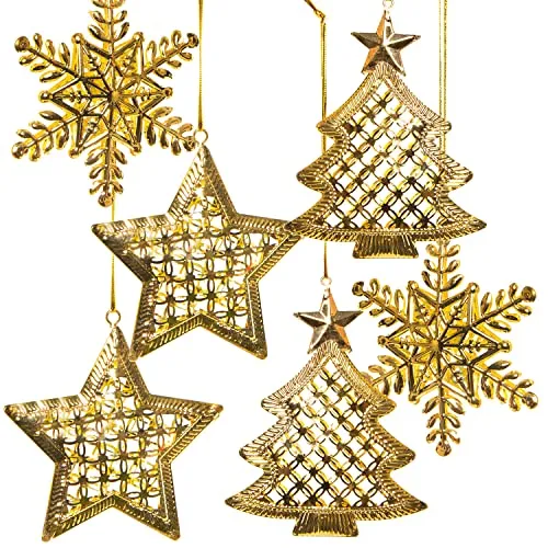 6 Weihnachtsanhänger Baum + Stern + Schneeflocke aus Metall - goldfarben