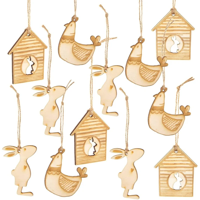 Osterdeko Set - 12 Holzanhänger zu Ostern Häuschen + Hase + Huhn