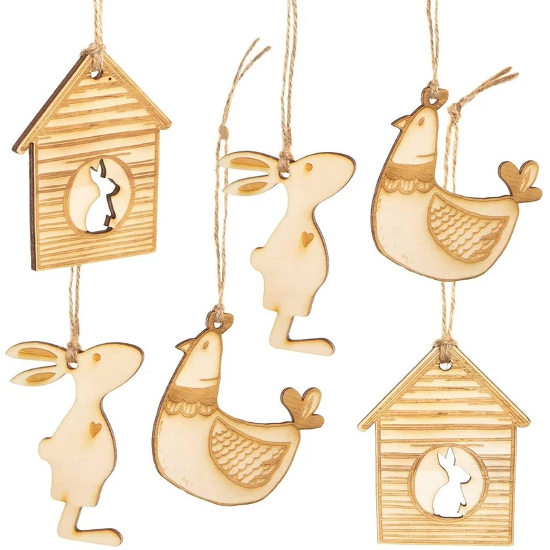 Logbuch-Verlag Osterdeko Set - 6 Osteranhänger aus Holz Häuschen + Hase + Huhn - Osterschmuck Osterstrauch dekorieren