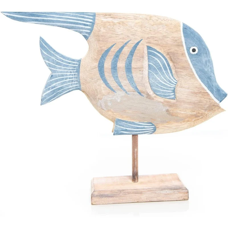 Große Fisch Figur Natur hellblau 37 cm aus Holz - Deko zum Hinstellen