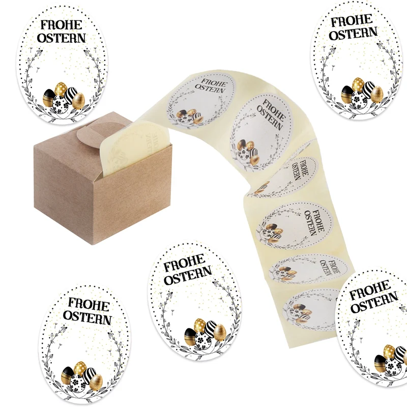 200 Osteraufkleber auf Rolle weiß schwarz gold - Ostersticker zum Beschriften 6 x 4,5 cm