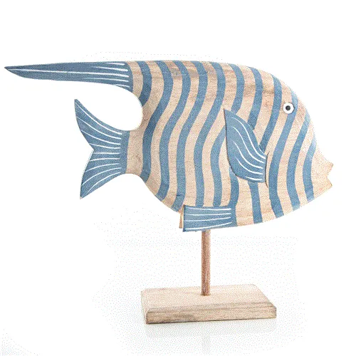 Großer Holzfisch natur blau gestreift - Fisch Figur zum Hinstellen 37 cm