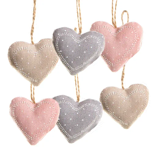 6 gepunktete Stoffherzen rosa beige grau mit Schnur - Herzanhänger