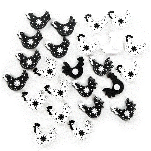 24 Mini Hühner - Hahn und Henne - aus Holz zum Streuen Osterdeko schwarz-weiß 3 cm