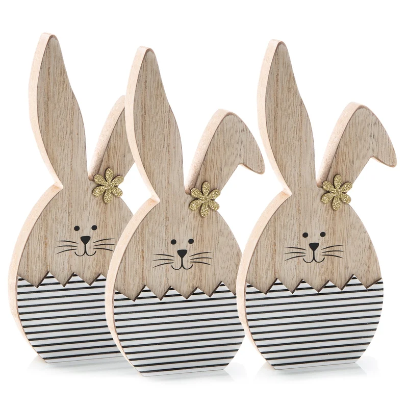 3 Hasen Figuren aus Holz natur schwarz-weiß gestreift - Deko Ostern 14 cm