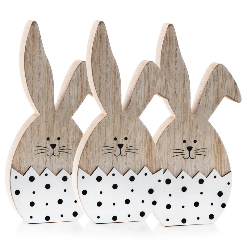 3 Holzhasen Figuren 14 cm schwarz-weiß gepunktet Osterei Deko Ostern