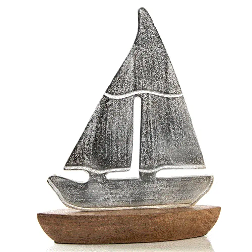Großes Segelschiff aus Metall auf Holz Sockel 27 x 7 x 32 cm silberfarben