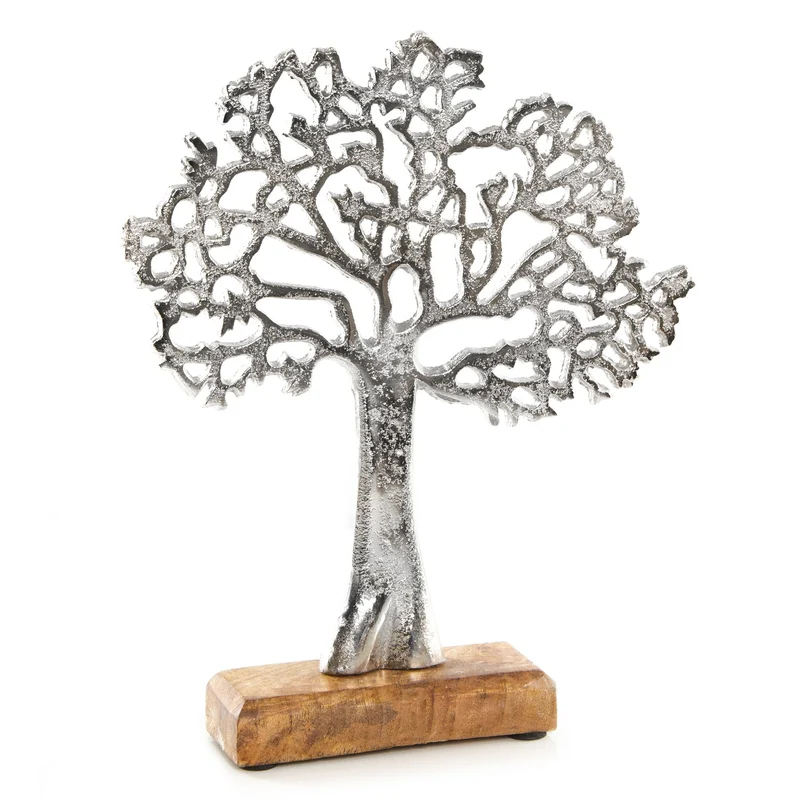 Lebensbaum Figur aus Metall (Alu) auf Holz Sockel - 27 cm