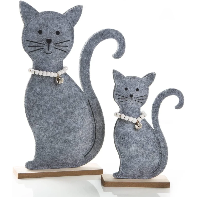 2 sitzende Katzen Figuren - groß und klein - grau weiß