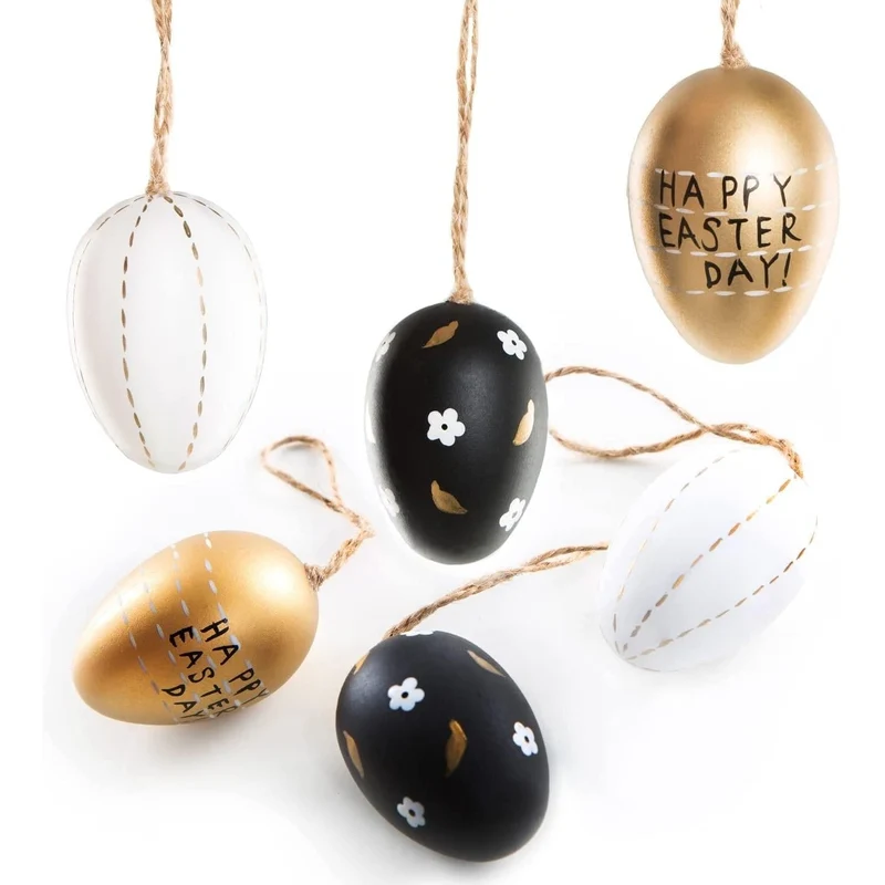 6 Ostereier Anhänger aus Plastik - schwarz Gold weiß 6 cm