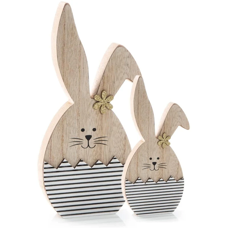 2 Osterhasen aus Holz 14 cm + 20 cm Natur weiß schwarz gestreift