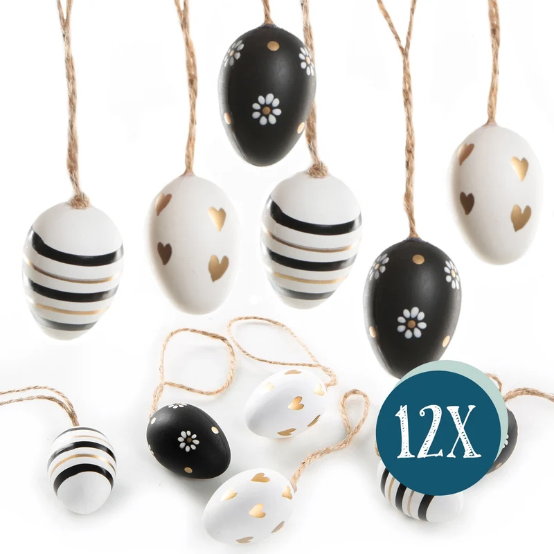12 kleine Ostereier - 4 cm aus Plastik - schwarz Gold weiß