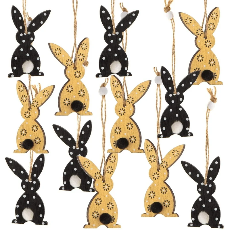 12 edle Osterhasen schwarz Gold aus Holz zum Aufhängen - 7 cm