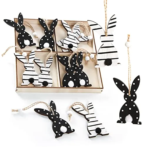 12 kleine Osterhasen mit Schnur 7 cm - schwarz weiß modern