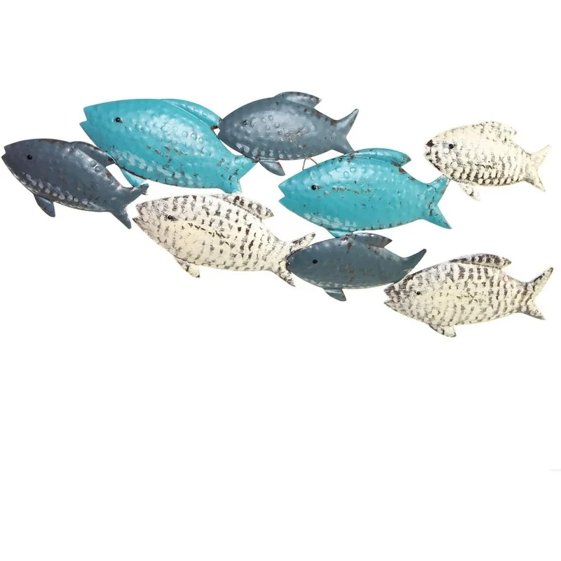 Fischschwarm Wandskulptur aus Metall - blau türkis beige 47 cm