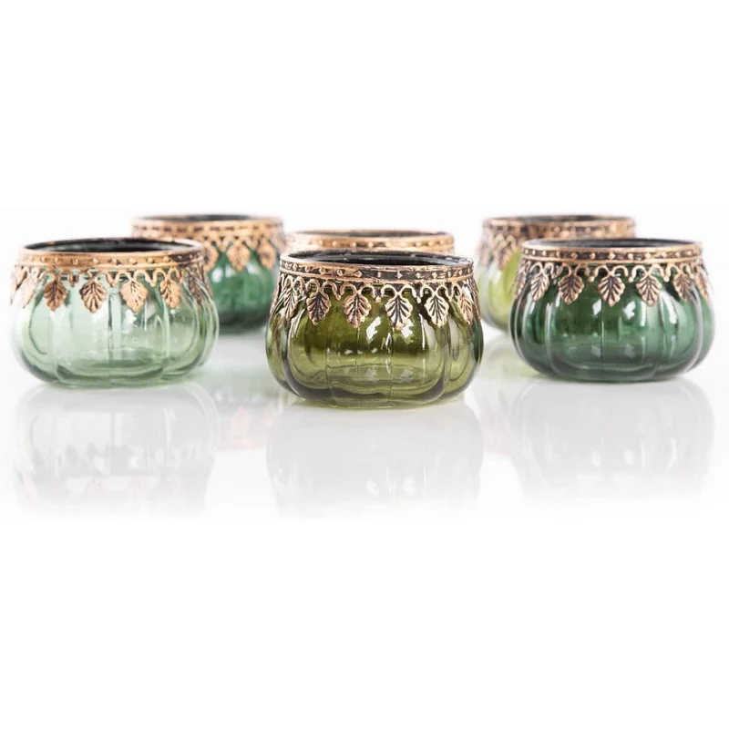 6 Teelichtgläser mintgrün + grün + dunkelgrün - aus Glas & Metall