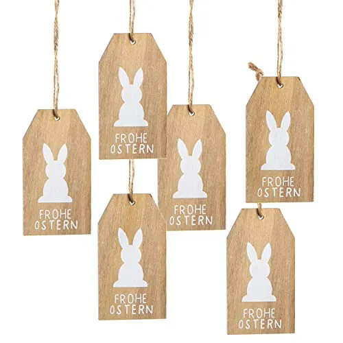 6 naturfarbene Holz Schilder mit Text Frohe Ostern - 10 x 5,5 cm