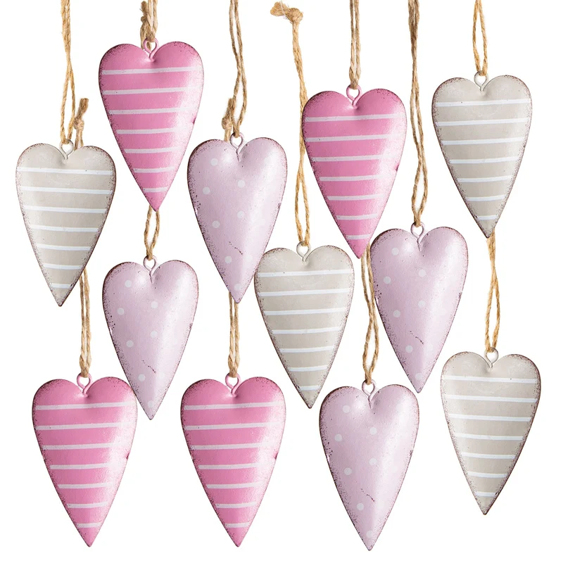 12 Metallherzen zum Hängen rosa pink grau gestreift - 7 cm mit Schnur