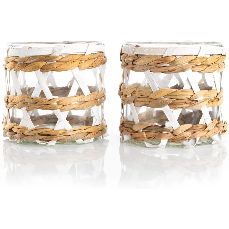 2 Windlichter aus Glas 12 x 12 cm verziert mit Rattan - Natur weiß