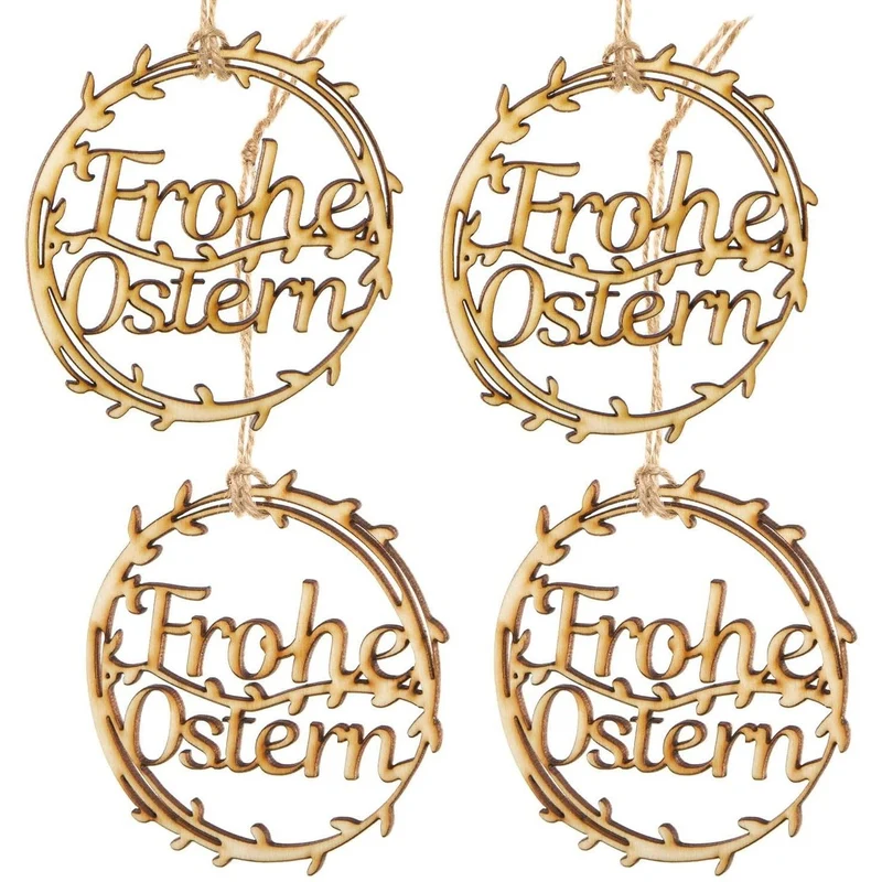 4 Frohe Ostern Geschenkanhänger aus Holz mit Text - 10 cm