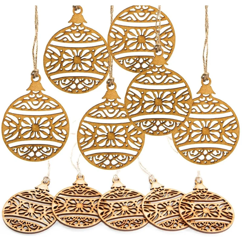 10 filigrane Weihnachtskugeln aus Holz 9 cm - Flache Holzanhänger