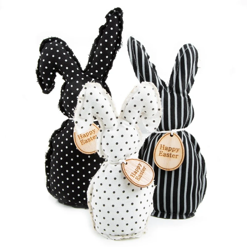 3 große Osterhasen Figuren aus Stoff 17 - 27 cm Happy Easter schwarz weiß