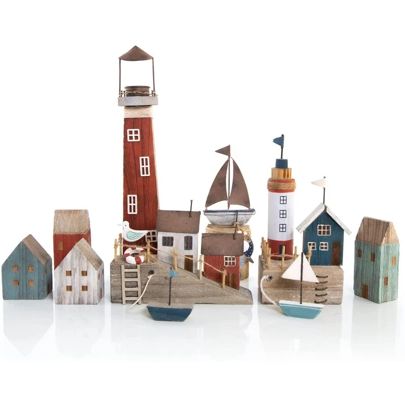 8-teilige Dekostadt aus Holz - maritimes Deko Set mit Leuchtturm