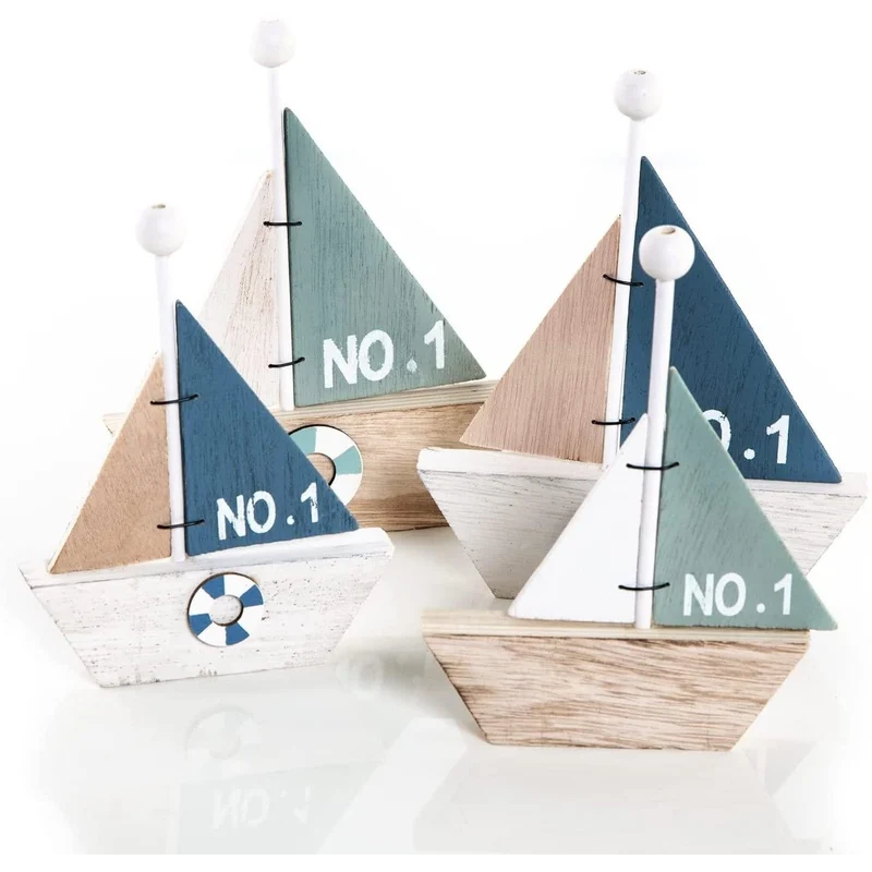 4 kleine Holz Segelboote als Maritime Deko 18 cm + 15,5 cm