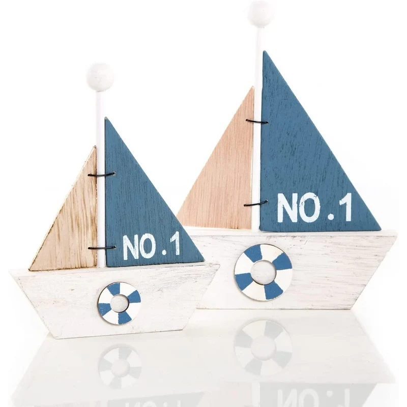 2 kleine Segelschiffe aus Holz blau weiß maritim 15,5 cm + 18 cm
