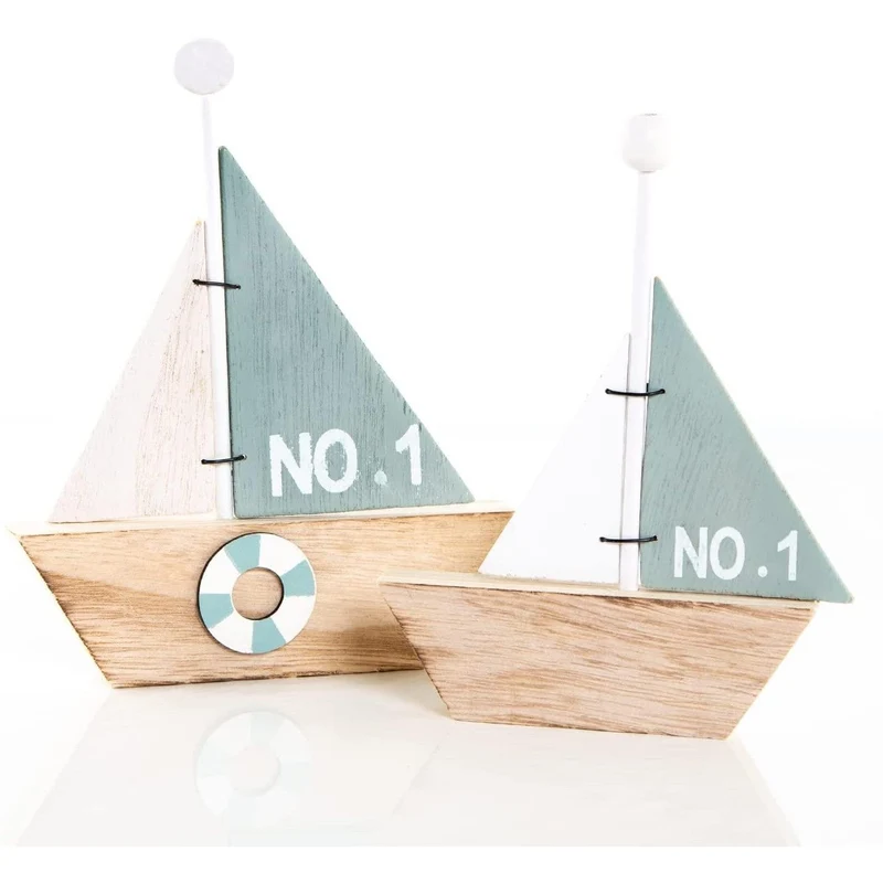 2 Holz Schiffe türkis Natur 15,5 cm + 18 cm - Dekoidee