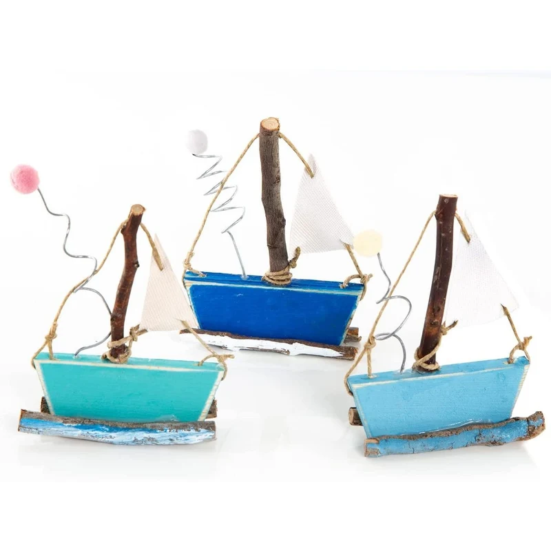 3 kleine Holzschiffe blau türkis hellblau - Maritime Deko Segelboot aus Holz